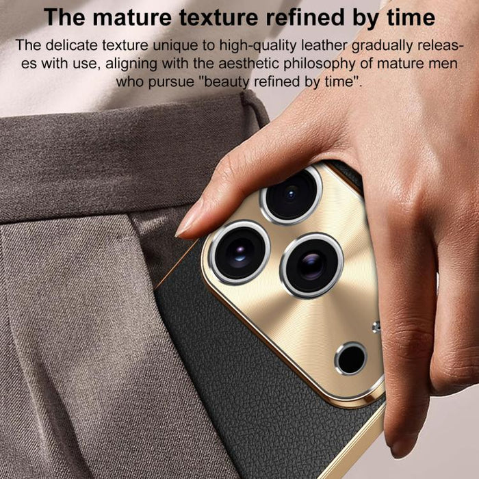 Funda para teléfono de PC + TPU con marco galvanizado y textura de lichi, de cuero vegano., For iPhone 17e / 16e, For iPhone 16 Pro Max, For iPhone 16 Pro, For iPhone 16, For iPhone 15 Pro Max, For iPhone 15 Pro, For iPhone 15
