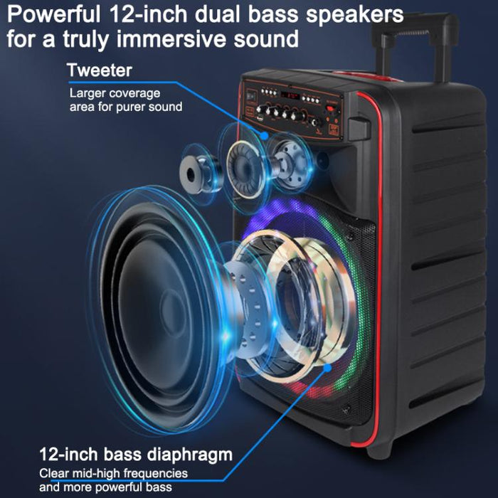Altavoz portátil Bluetooth N-625 para karaoke al aire libre con woofer RGB de 12 pulgadas y doble micrófono inalámbrico., US Plug, EU Plug, UK Plug