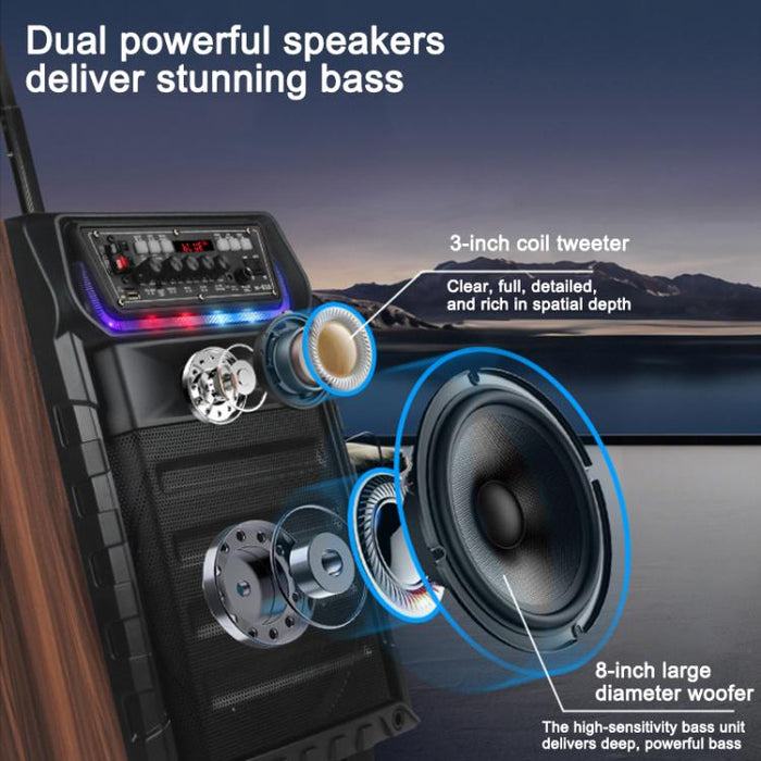 Altavoz Bluetooth con ruedas, woofer RGB de 8 pulgadas y micrófono inalámbrico dual para karaoke al aire libre N-810, US Plug, EU Plug, UK Plug