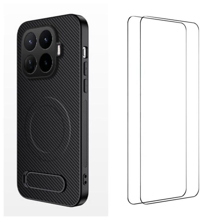 Funda magnética para teléfono WANLONFENG con soporte y textura de fibra de carbono, incluye 2 protectores de pantalla., For Xiaomi 17T Pro 5G, For Xiaomi 17T 5G
