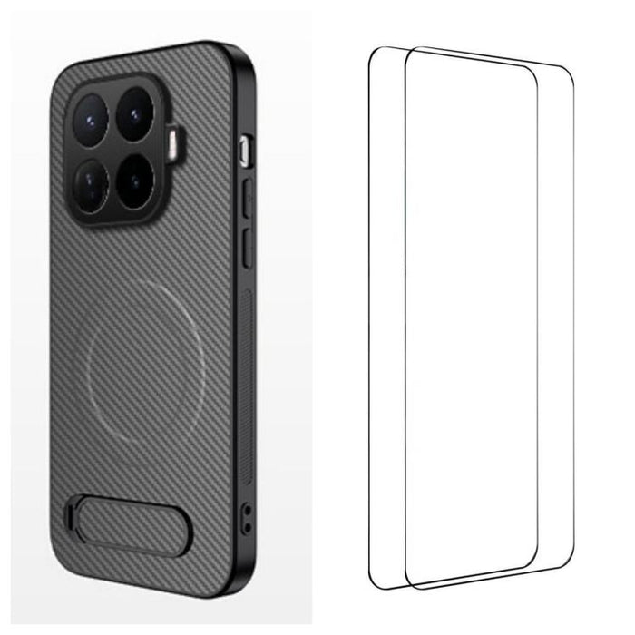 Funda magnética para teléfono WANLONFENG con soporte y textura de fibra de carbono, incluye 2 protectores de pantalla., For Xiaomi 17T Pro 5G, For Xiaomi 17T 5G