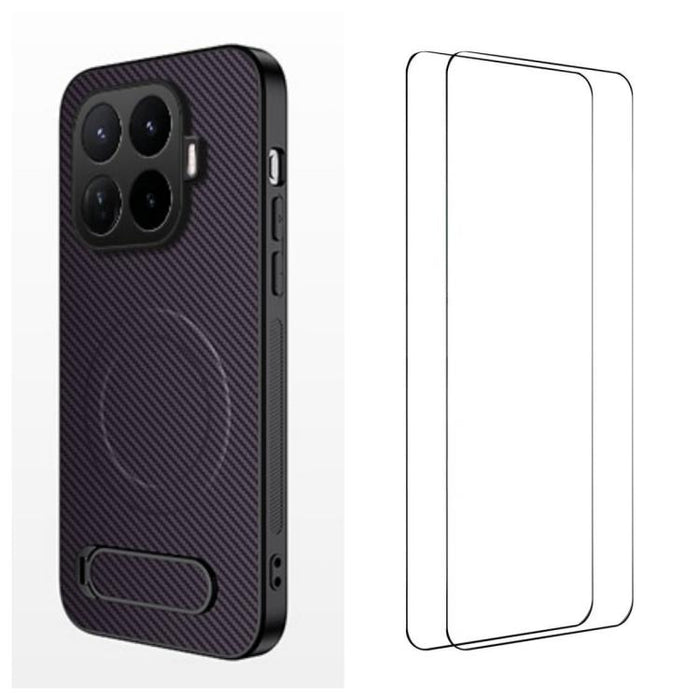 Funda magnética para teléfono WANLONFENG con soporte y textura de fibra de carbono, incluye 2 protectores de pantalla., For Xiaomi 17T Pro 5G, For Xiaomi 17T 5G