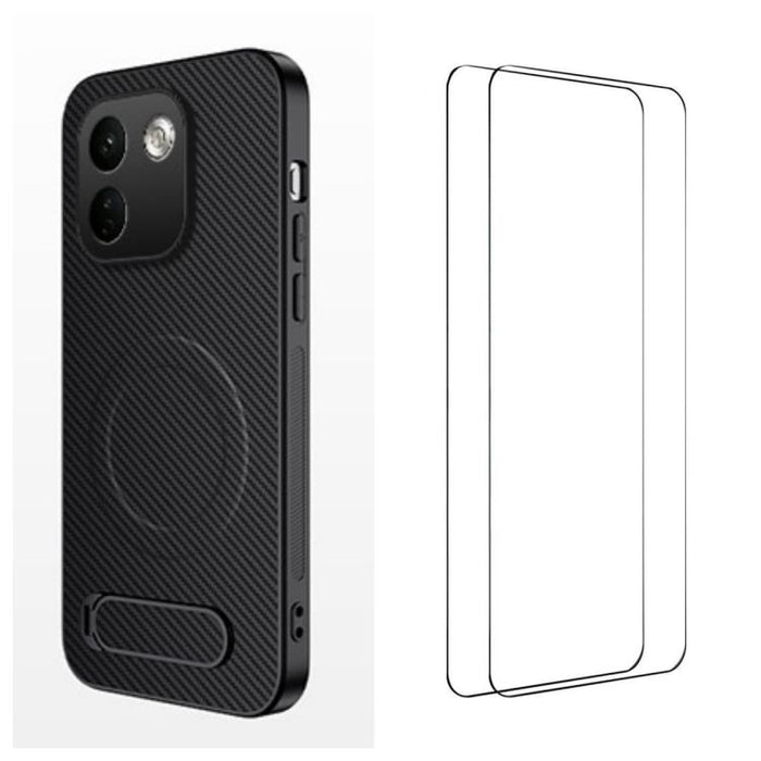 Funda magnética para teléfono WANLONFENG con soporte y textura de fibra de carbono, incluye 2 protectores de pantalla., For Xiaomi 17T Pro 5G, For Xiaomi 17T 5G