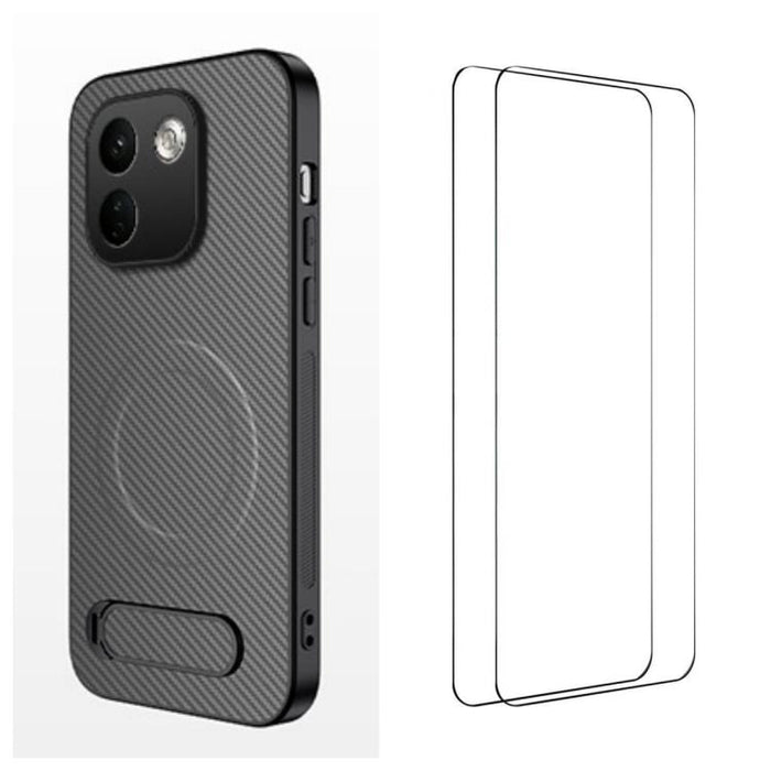 Funda magnética para teléfono WANLONFENG con soporte y textura de fibra de carbono, incluye 2 protectores de pantalla., For Xiaomi 17T Pro 5G, For Xiaomi 17T 5G