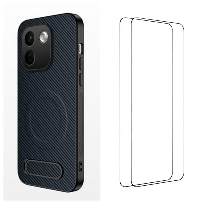 Funda magnética para teléfono WANLONFENG con soporte y textura de fibra de carbono, incluye 2 protectores de pantalla., For Xiaomi 17T Pro 5G, For Xiaomi 17T 5G