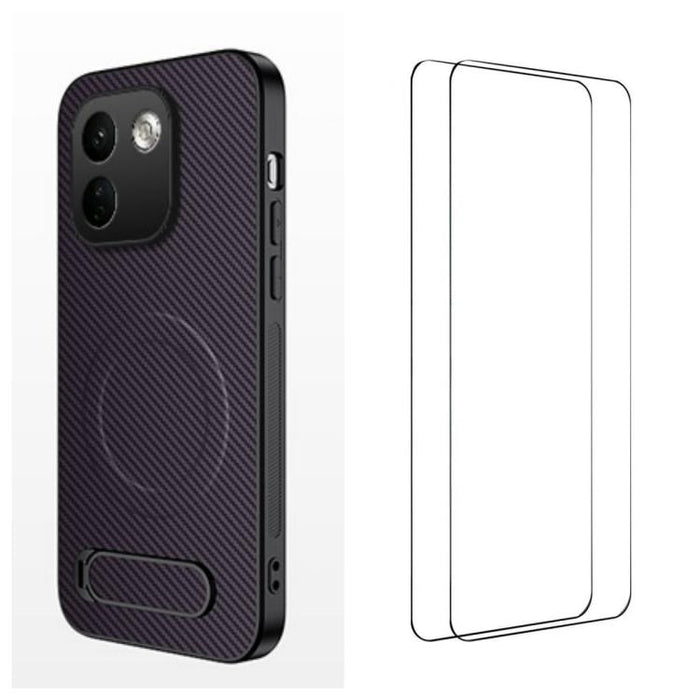 Funda magnética para teléfono WANLONFENG con soporte y textura de fibra de carbono, incluye 2 protectores de pantalla., For Xiaomi 17T Pro 5G, For Xiaomi 17T 5G