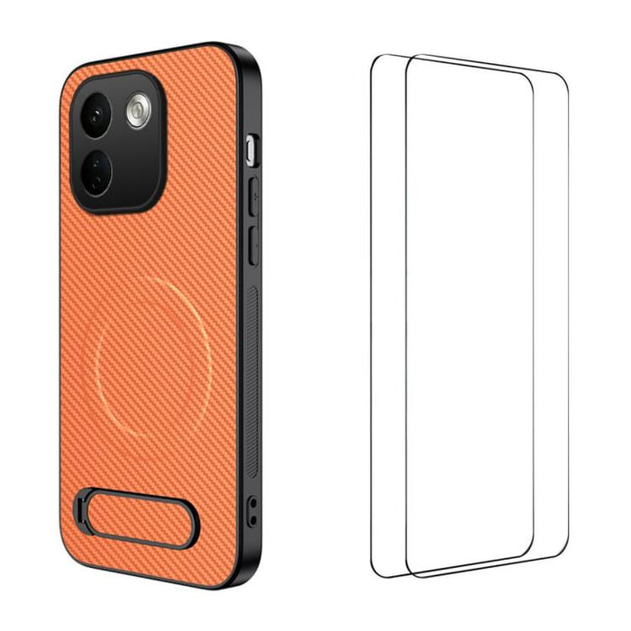 Funda magnética para teléfono WANLONFENG con soporte y textura de fibra de carbono, incluye 2 protectores de pantalla., For Xiaomi 17T Pro 5G, For Xiaomi 17T 5G