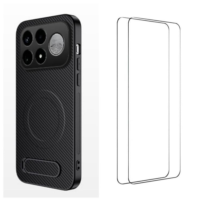 Funda magnética para teléfono WANLONFENG con soporte y textura de fibra de carbono, incluye 2 protectores de pantalla., For Xiaomi 17T Pro 5G, For Xiaomi 17T 5G