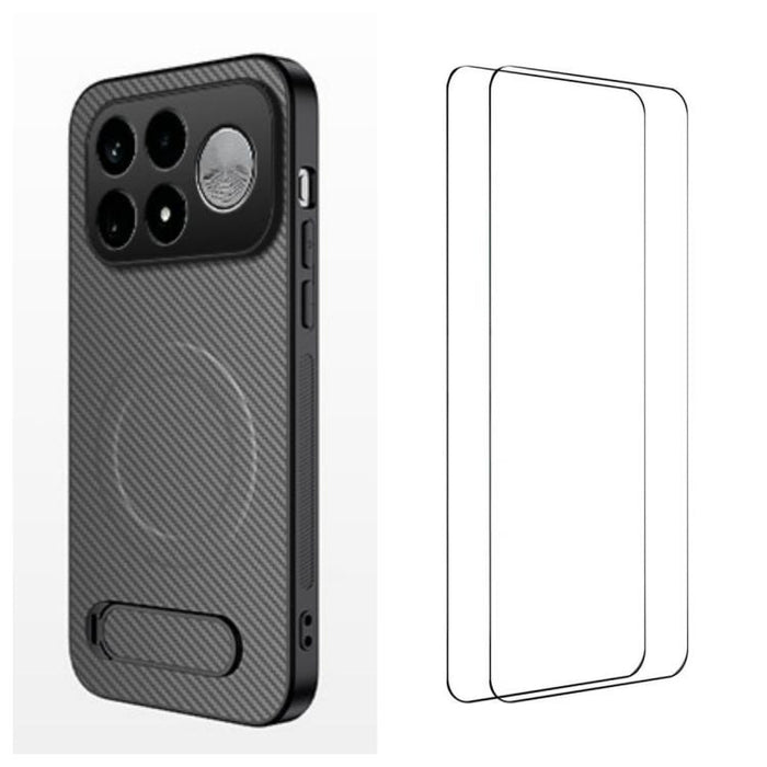 Funda magnética para teléfono WANLONFENG con soporte y textura de fibra de carbono, incluye 2 protectores de pantalla., For Xiaomi 17T Pro 5G, For Xiaomi 17T 5G