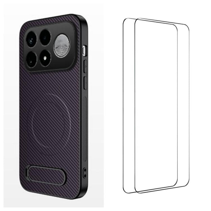 Funda magnética para teléfono WANLONFENG con soporte y textura de fibra de carbono, incluye 2 protectores de pantalla., For Xiaomi 17T Pro 5G, For Xiaomi 17T 5G