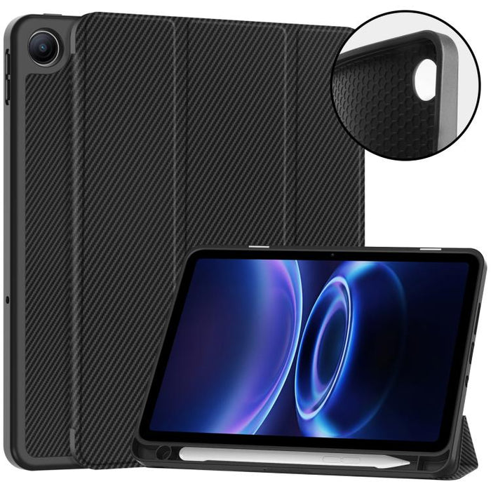 Funda para tablet de TPU con textura de fibra de carbono, soporte plegable de 3 pliegues y ranura para lápiz., For Xiaomi Redmi Pad 2 SE 9.7 2026