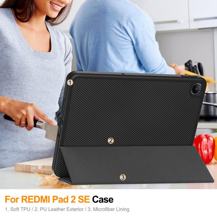 Funda para tablet de TPU con textura de fibra de carbono, soporte plegable de 3 pliegues y ranura para lápiz., For Xiaomi Redmi Pad 2 SE 9.7 2026