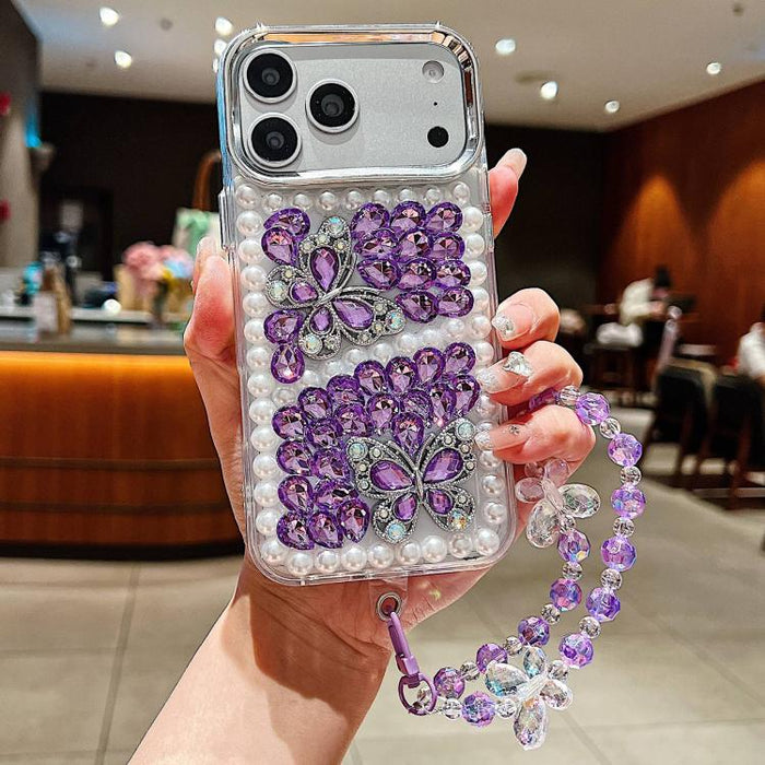 Funda para teléfono de acrílico hecha a mano con perlas, doble mariposa y diamantes de imitación, con cadena para la muñeca., For iPhone 17 Pro Max, For iPhone 17 Pro, For iPhone 17, For iPhone 16 Pro Max, For iPhone 15 Pro Max