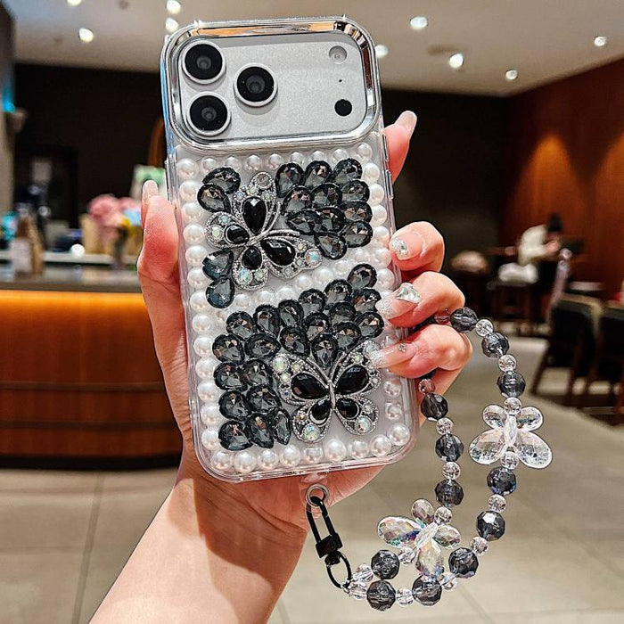 Funda para teléfono de acrílico hecha a mano con perlas, doble mariposa y diamantes de imitación, con cadena para la muñeca., For iPhone 17 Pro Max, For iPhone 17 Pro, For iPhone 17, For iPhone 16 Pro Max, For iPhone 15 Pro Max
