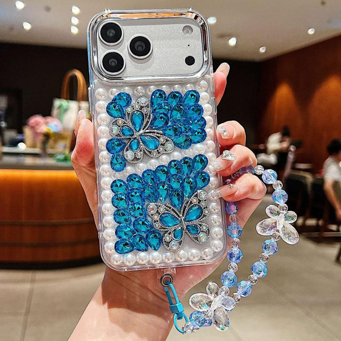 Funda para teléfono de acrílico hecha a mano con perlas, doble mariposa y diamantes de imitación, con cadena para la muñeca., For iPhone 17 Pro Max, For iPhone 17 Pro, For iPhone 17, For iPhone 16 Pro Max, For iPhone 15 Pro Max