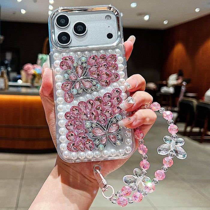 Funda para teléfono de acrílico hecha a mano con perlas, doble mariposa y diamantes de imitación, con cadena para la muñeca., For iPhone 17 Pro Max, For iPhone 17 Pro, For iPhone 17, For iPhone 16 Pro Max, For iPhone 15 Pro Max