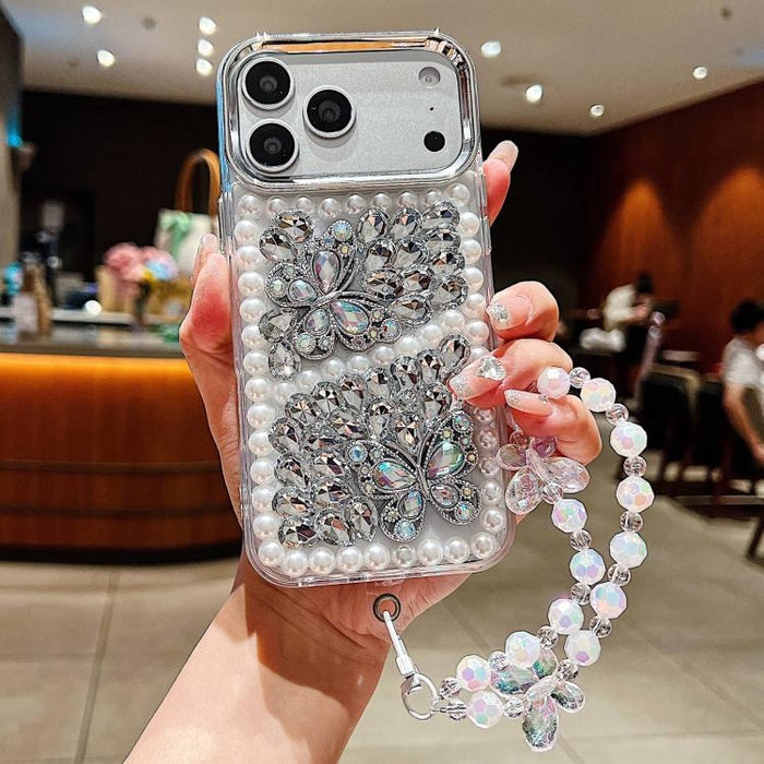 Funda para teléfono de acrílico hecha a mano con perlas, doble mariposa y diamantes de imitación, con cadena para la muñeca., For iPhone 17 Pro Max, For iPhone 17 Pro, For iPhone 17, For iPhone 16 Pro Max, For iPhone 15 Pro Max