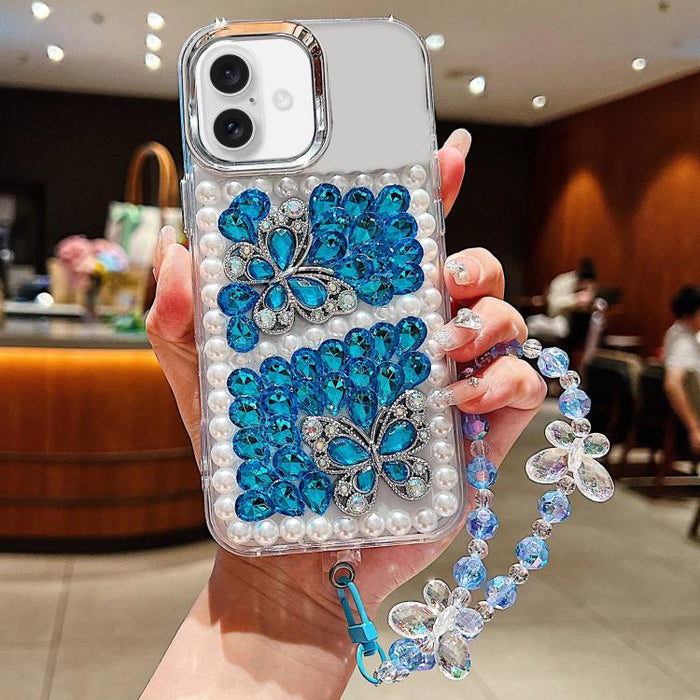 Funda para teléfono de acrílico hecha a mano con perlas, doble mariposa y diamantes de imitación, con cadena para la muñeca., For iPhone 17 Pro Max, For iPhone 17 Pro, For iPhone 17, For iPhone 16 Pro Max, For iPhone 15 Pro Max