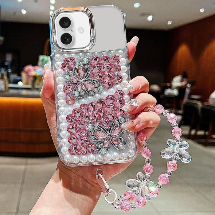 Funda para teléfono de acrílico hecha a mano con perlas, doble mariposa y diamantes de imitación, con cadena para la muñeca., For iPhone 17 Pro Max, For iPhone 17 Pro, For iPhone 17, For iPhone 16 Pro Max, For iPhone 15 Pro Max