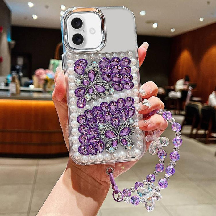 Funda para teléfono de acrílico hecha a mano con perlas, doble mariposa y diamantes de imitación, con cadena para la muñeca., For iPhone 17 Pro Max, For iPhone 17 Pro, For iPhone 17, For iPhone 16 Pro Max, For iPhone 15 Pro Max