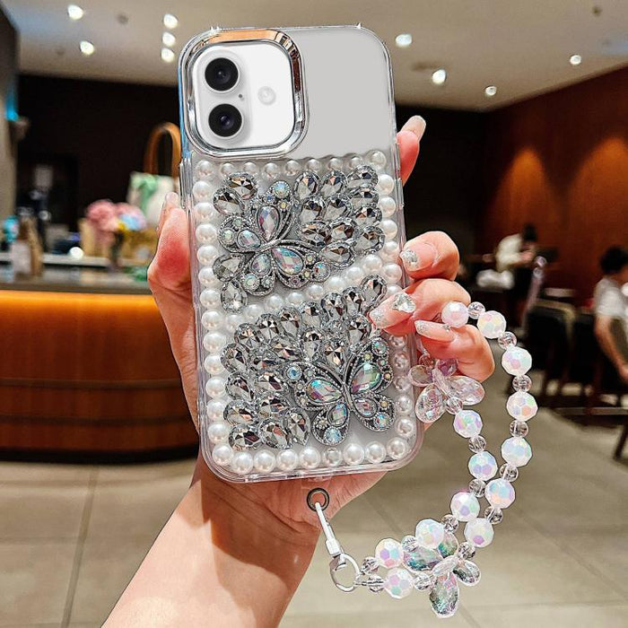 Funda para teléfono de acrílico hecha a mano con perlas, doble mariposa y diamantes de imitación, con cadena para la muñeca., For iPhone 17 Pro Max, For iPhone 17 Pro, For iPhone 17, For iPhone 16 Pro Max, For iPhone 15 Pro Max