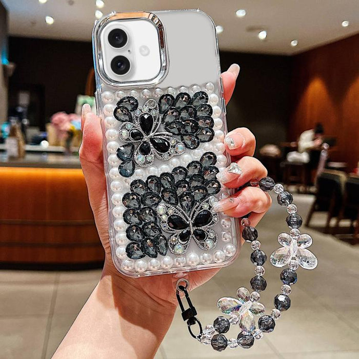 Funda para teléfono de acrílico hecha a mano con perlas, doble mariposa y diamantes de imitación, con cadena para la muñeca., For iPhone 17 Pro Max, For iPhone 17 Pro, For iPhone 17, For iPhone 16 Pro Max, For iPhone 15 Pro Max