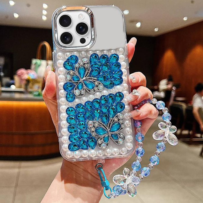 Funda para teléfono de acrílico hecha a mano con perlas, doble mariposa y diamantes de imitación, con cadena para la muñeca., For iPhone 17 Pro Max, For iPhone 17 Pro, For iPhone 17, For iPhone 16 Pro Max, For iPhone 15 Pro Max