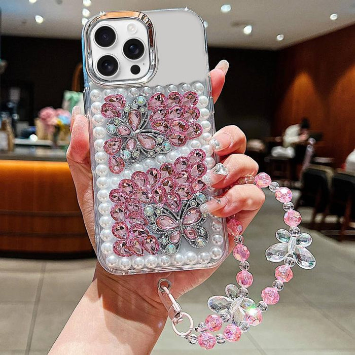 Funda para teléfono de acrílico hecha a mano con perlas, doble mariposa y diamantes de imitación, con cadena para la muñeca., For iPhone 17 Pro Max, For iPhone 17 Pro, For iPhone 17, For iPhone 16 Pro Max, For iPhone 15 Pro Max