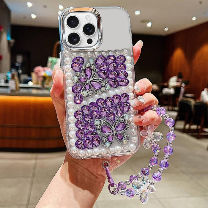 Funda para teléfono de acrílico hecha a mano con perlas, doble mariposa y diamantes de imitación, con cadena para la muñeca., For iPhone 17 Pro Max, For iPhone 17 Pro, For iPhone 17, For iPhone 16 Pro Max, For iPhone 15 Pro Max