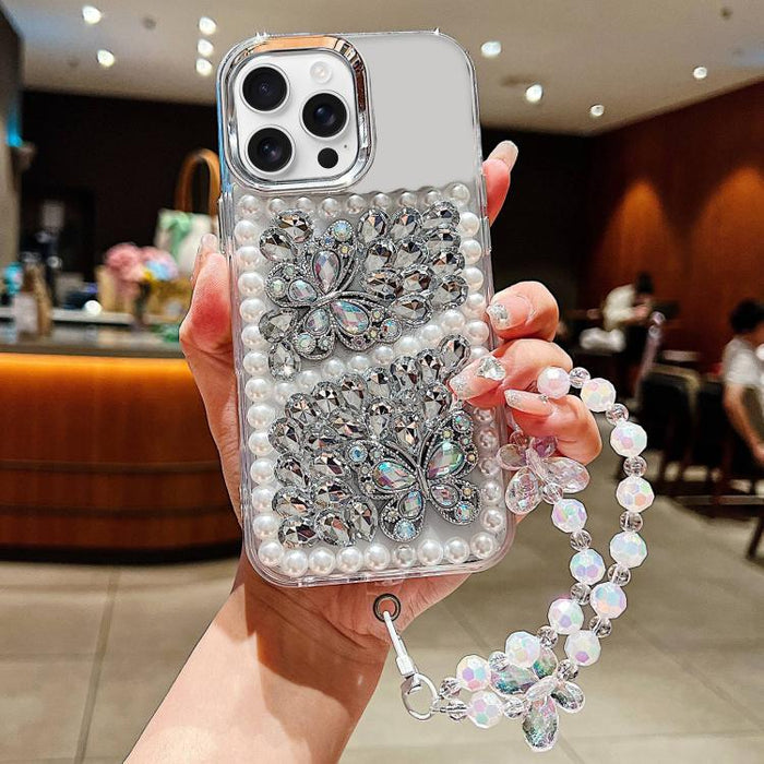 Funda para teléfono de acrílico hecha a mano con perlas, doble mariposa y diamantes de imitación, con cadena para la muñeca., For iPhone 17 Pro Max, For iPhone 17 Pro, For iPhone 17, For iPhone 16 Pro Max, For iPhone 15 Pro Max