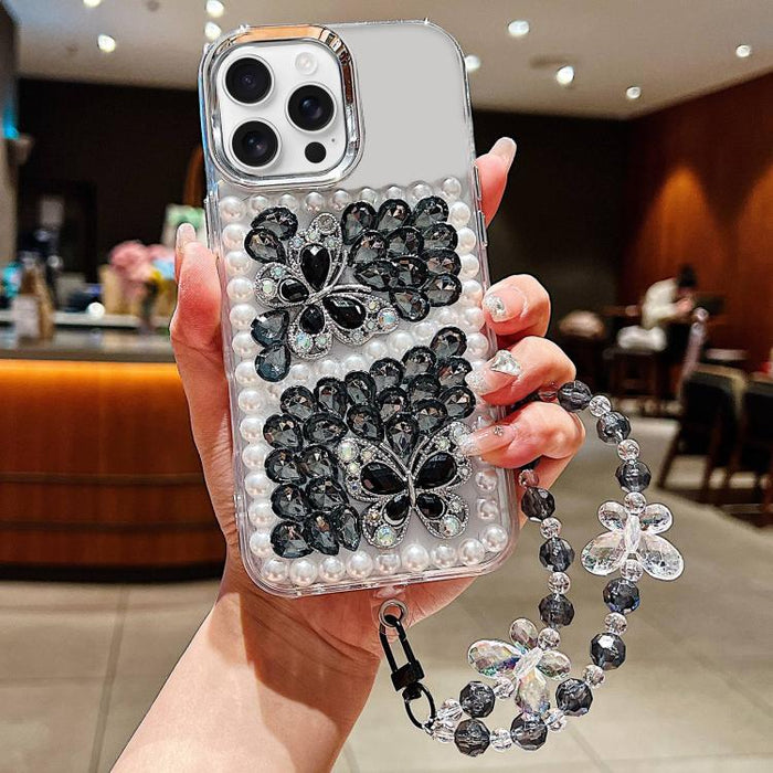 Funda para teléfono de acrílico hecha a mano con perlas, doble mariposa y diamantes de imitación, con cadena para la muñeca., For iPhone 17 Pro Max, For iPhone 17 Pro, For iPhone 17, For iPhone 16 Pro Max, For iPhone 15 Pro Max
