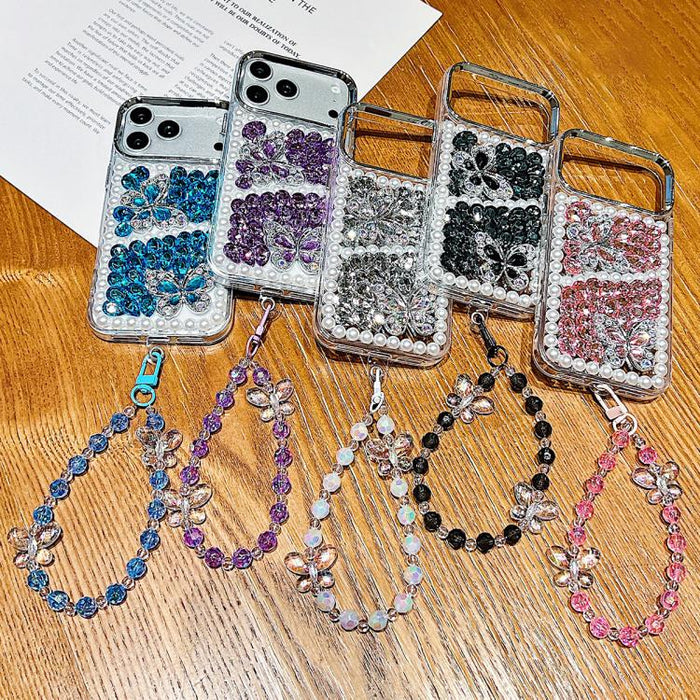 Funda para teléfono de acrílico hecha a mano con perlas, doble mariposa y diamantes de imitación, con cadena para la muñeca., For iPhone 17 Pro Max, For iPhone 17 Pro, For iPhone 17, For iPhone 16 Pro Max, For iPhone 15 Pro Max