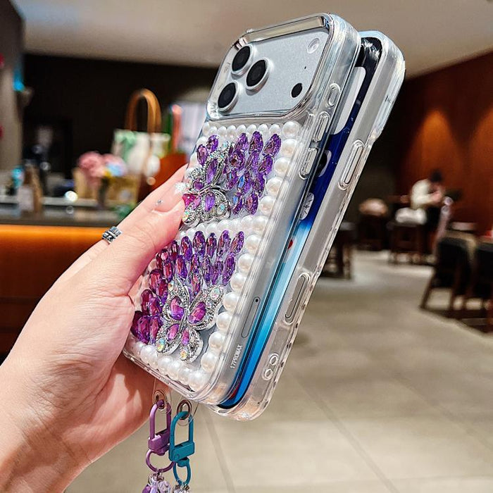 Funda para teléfono de acrílico hecha a mano con perlas, doble mariposa y diamantes de imitación, con cadena para la muñeca., For iPhone 17 Pro Max, For iPhone 17 Pro, For iPhone 17, For iPhone 16 Pro Max, For iPhone 15 Pro Max