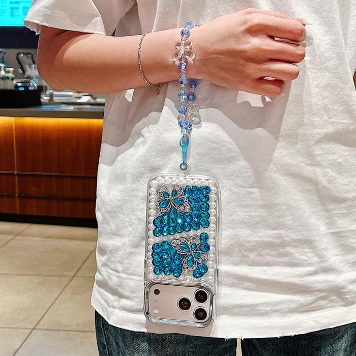 Funda para teléfono de acrílico hecha a mano con perlas, doble mariposa y diamantes de imitación, con cadena para la muñeca., For iPhone 17 Pro Max, For iPhone 17 Pro, For iPhone 17, For iPhone 16 Pro Max, For iPhone 15 Pro Max