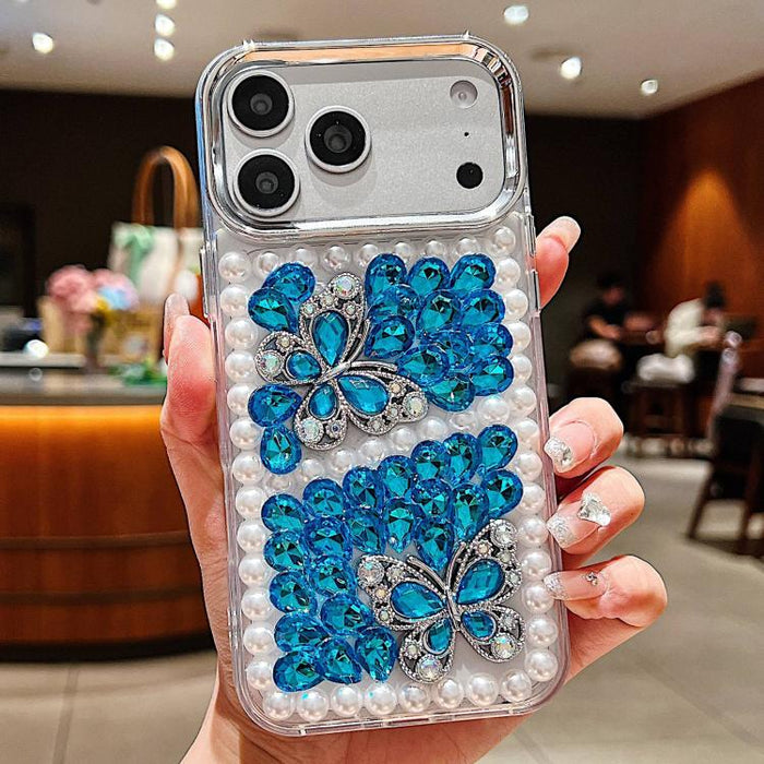 Funda para teléfono acrílica hecha a mano con perlas, doble mariposa y diamantes de imitación, For iPhone 17 Pro Max, For iPhone 17 Pro, For iPhone 17, For iPhone 16 Pro Max, For iPhone 15 Pro Max