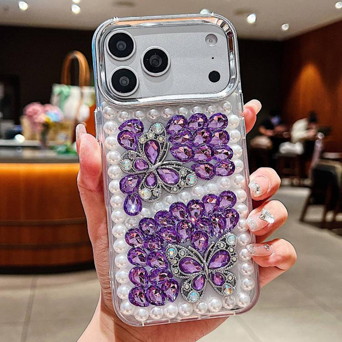 Funda para teléfono acrílica hecha a mano con perlas, doble mariposa y diamantes de imitación, For iPhone 17 Pro Max, For iPhone 17 Pro, For iPhone 17, For iPhone 16 Pro Max, For iPhone 15 Pro Max