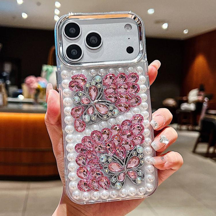 Funda para teléfono acrílica hecha a mano con perlas, doble mariposa y diamantes de imitación, For iPhone 17 Pro Max, For iPhone 17 Pro, For iPhone 17, For iPhone 16 Pro Max, For iPhone 15 Pro Max
