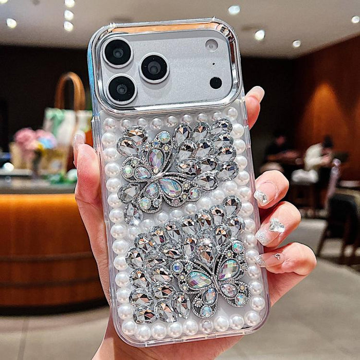 Funda para teléfono acrílica hecha a mano con perlas, doble mariposa y diamantes de imitación, For iPhone 17 Pro Max, For iPhone 17 Pro, For iPhone 17, For iPhone 16 Pro Max, For iPhone 15 Pro Max