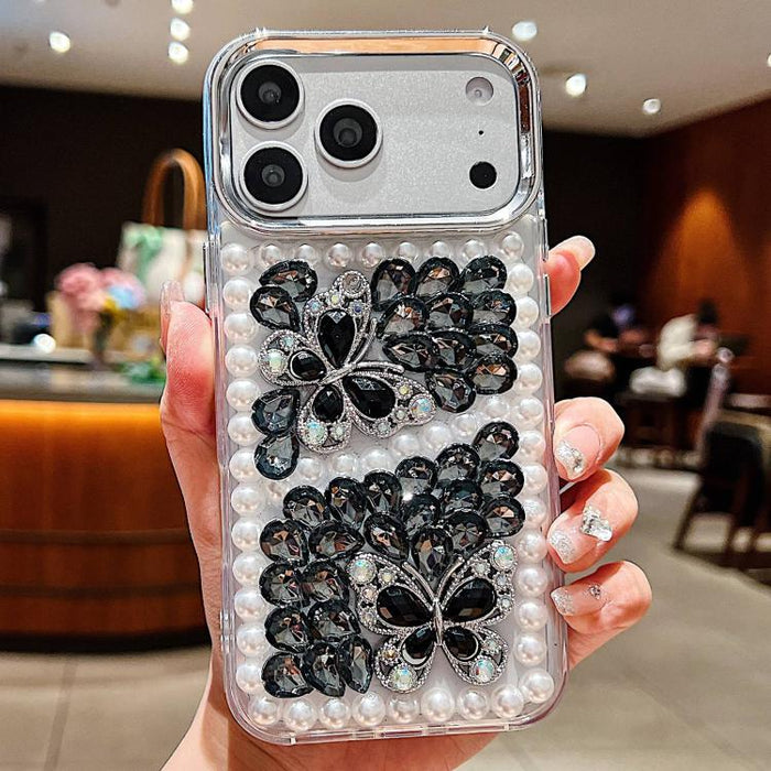 Funda para teléfono acrílica hecha a mano con perlas, doble mariposa y diamantes de imitación, For iPhone 17 Pro Max, For iPhone 17 Pro, For iPhone 17, For iPhone 16 Pro Max, For iPhone 15 Pro Max