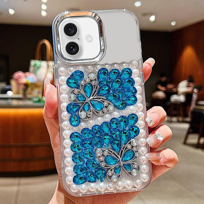 Funda para teléfono acrílica hecha a mano con perlas, doble mariposa y diamantes de imitación, For iPhone 17 Pro Max, For iPhone 17 Pro, For iPhone 17, For iPhone 16 Pro Max, For iPhone 15 Pro Max