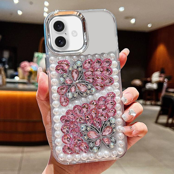 Funda para teléfono acrílica hecha a mano con perlas, doble mariposa y diamantes de imitación, For iPhone 17 Pro Max, For iPhone 17 Pro, For iPhone 17, For iPhone 16 Pro Max, For iPhone 15 Pro Max