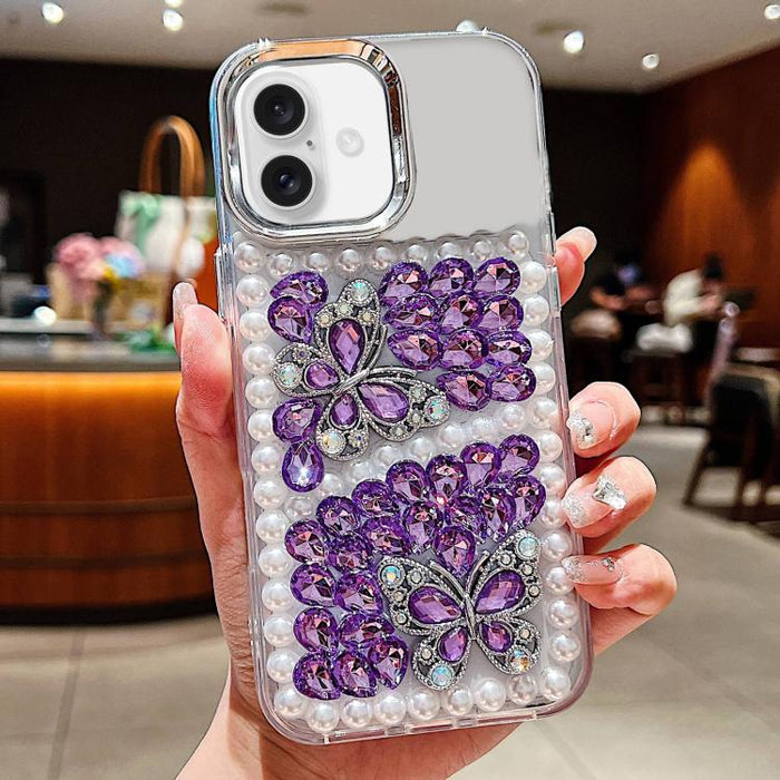 Funda para teléfono acrílica hecha a mano con perlas, doble mariposa y diamantes de imitación, For iPhone 17 Pro Max, For iPhone 17 Pro, For iPhone 17, For iPhone 16 Pro Max, For iPhone 15 Pro Max