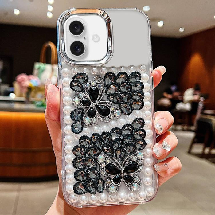 Funda para teléfono acrílica hecha a mano con perlas, doble mariposa y diamantes de imitación, For iPhone 17 Pro Max, For iPhone 17 Pro, For iPhone 17, For iPhone 16 Pro Max, For iPhone 15 Pro Max