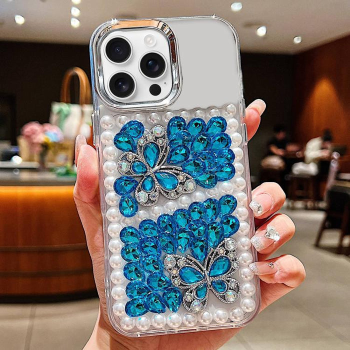 Funda para teléfono acrílica hecha a mano con perlas, doble mariposa y diamantes de imitación, For iPhone 17 Pro Max, For iPhone 17 Pro, For iPhone 17, For iPhone 16 Pro Max, For iPhone 15 Pro Max