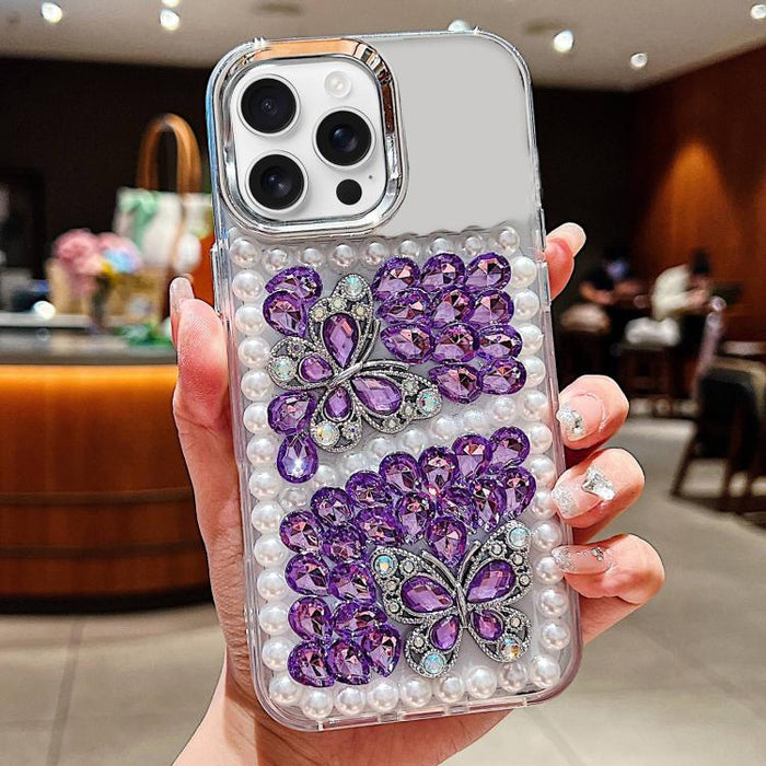 Funda para teléfono acrílica hecha a mano con perlas, doble mariposa y diamantes de imitación, For iPhone 17 Pro Max, For iPhone 17 Pro, For iPhone 17, For iPhone 16 Pro Max, For iPhone 15 Pro Max