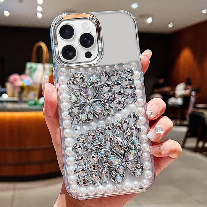 Funda para teléfono acrílica hecha a mano con perlas, doble mariposa y diamantes de imitación, For iPhone 17 Pro Max, For iPhone 17 Pro, For iPhone 17, For iPhone 16 Pro Max, For iPhone 15 Pro Max