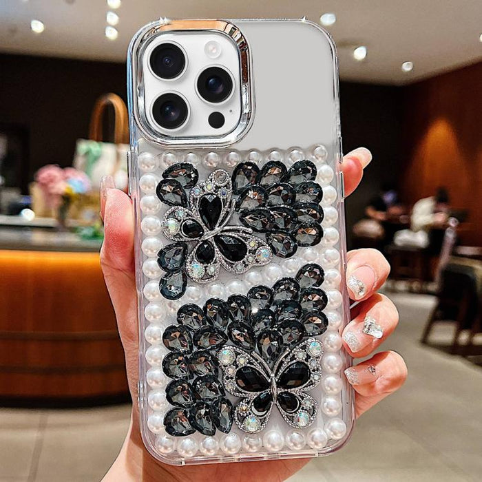 Funda para teléfono acrílica hecha a mano con perlas, doble mariposa y diamantes de imitación, For iPhone 17 Pro Max, For iPhone 17 Pro, For iPhone 17, For iPhone 16 Pro Max, For iPhone 15 Pro Max
