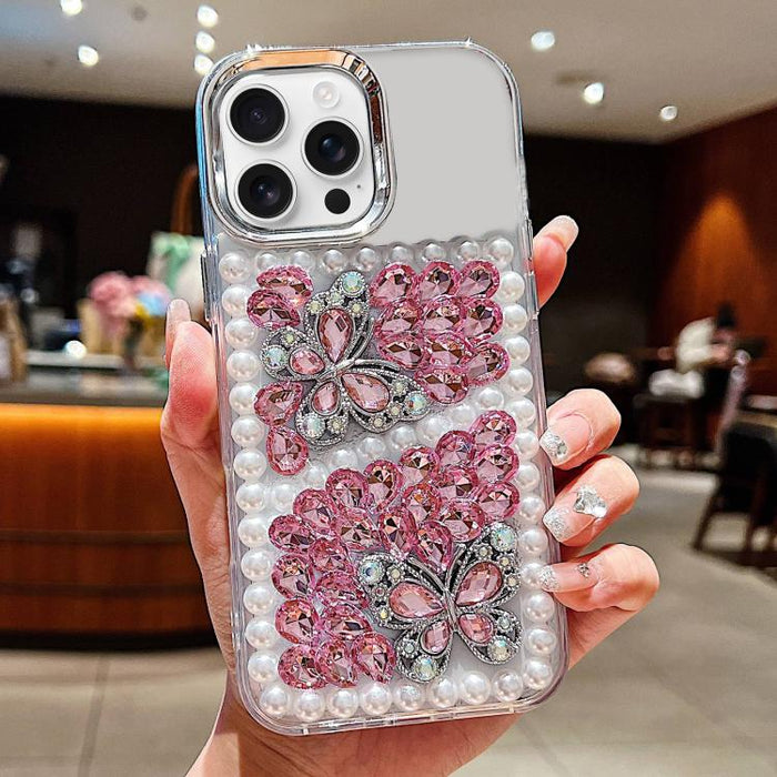 Funda para teléfono acrílica hecha a mano con perlas, doble mariposa y diamantes de imitación, For iPhone 17 Pro Max, For iPhone 17 Pro, For iPhone 17, For iPhone 16 Pro Max, For iPhone 15 Pro Max