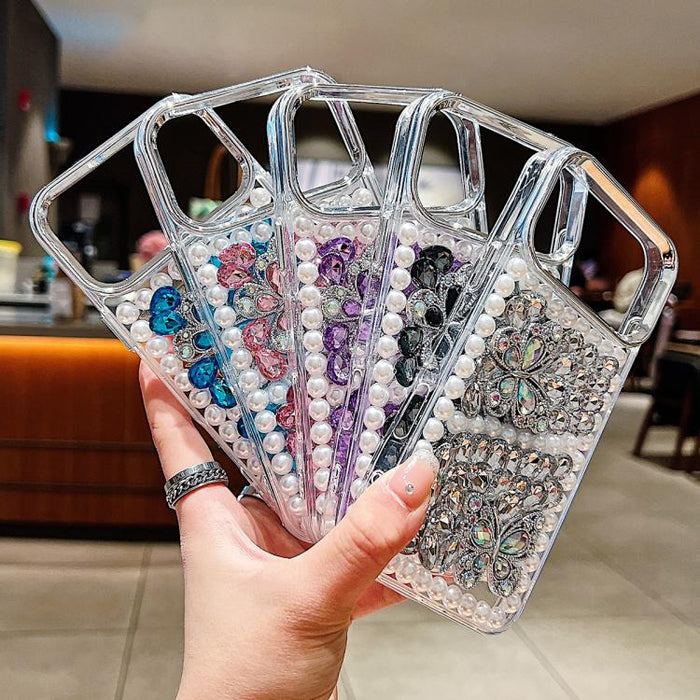 Funda para teléfono acrílica hecha a mano con perlas, doble mariposa y diamantes de imitación, For iPhone 17 Pro Max, For iPhone 17 Pro, For iPhone 17, For iPhone 16 Pro Max, For iPhone 15 Pro Max