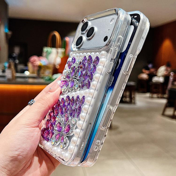 Funda para teléfono acrílica hecha a mano con perlas, doble mariposa y diamantes de imitación, For iPhone 17 Pro Max, For iPhone 17 Pro, For iPhone 17, For iPhone 16 Pro Max, For iPhone 15 Pro Max